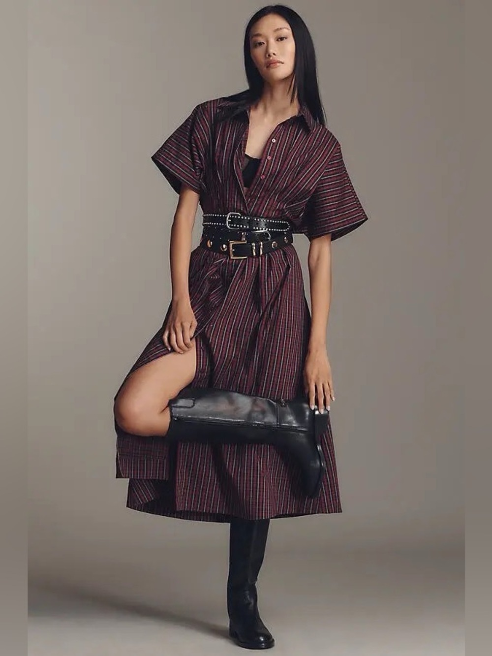 Exquise Midi Burgundy plaid dress